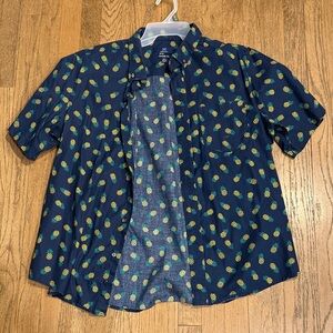 Navy Blue Pineapple Print Casual Button Down Shirt